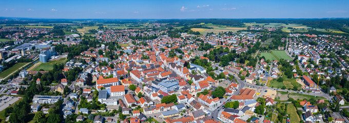 Aerial view of the old town and city Aichach, in Germany, Bavaria on a sunny noon spring day