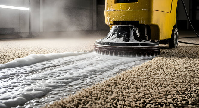 Professional carpet cleaning machine with foam and water, deep cleaning dusty carpet, residential and commercial service