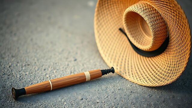 berimbau. A single berimbau instrument next to an inverted straw hat, a simple and cultural still life. event programs, museum guides, designed for cultural heritage projects and event programs.