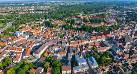 Aerial view of the old town and city Freising in Germany, Bavaria on a sunny noon spring day