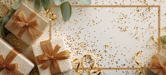 Golden Gift Celebration: An arrangement of wrapped gifts, adorned with golden bows and glittering accents, creating a sense of joy and anticipation. A stunning centerpiece of holiday cheer.