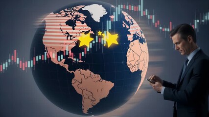 Businessman Reviews Global Financial Data On Smartphone With World Map And Stock Charts Background - Powered by Adobe