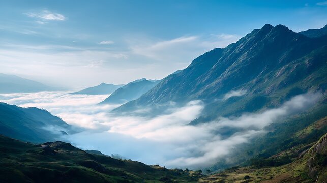 Breathtaking Mountain Valley Scenery with Mist and Blue Sky - Powered by Adobe