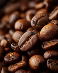 Naklejka premium Roasted Coffee Beans: A detailed close-up reveals the rich texture and deep color of roasted coffee beans, inviting a sensory experience.