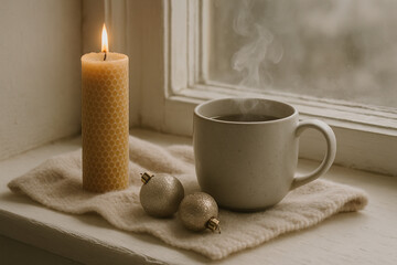 Warmth and Tranquility: Window Still Life with Candle, Coffee, and Baubles