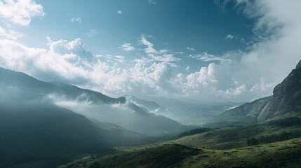 Lush Green Valley and Misty Mountain Peaks under a Cloudy Blue Sky