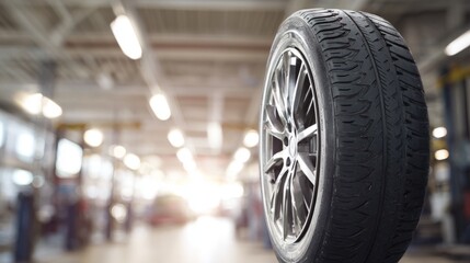 axle. Close-up view of an automotive tire in a professional workshop setting. safety posters, maintenance manuals, designed for industrial assembly lines and welding operations, used by engineers.
