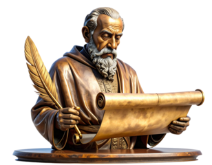 Ancient scholar holding quill and scroll studying old text