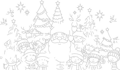 Obraz premium Cute Christmas Characters and Santa Claus Gathering Together.