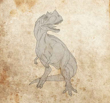Detailed pencil sketch of a Ceratosaurus dinosaur on aged parchment paper