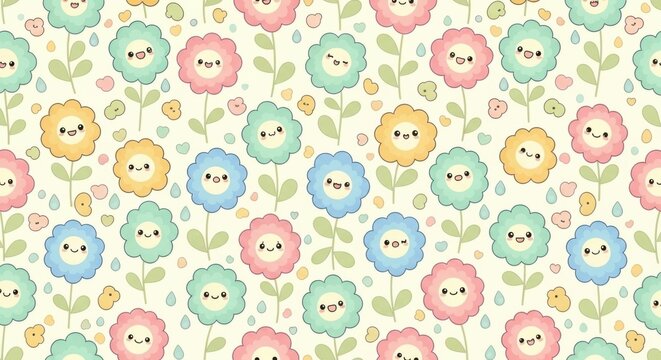 Playful pattern of pastel-colored smiling flowers with cheerful faces for children room decor or