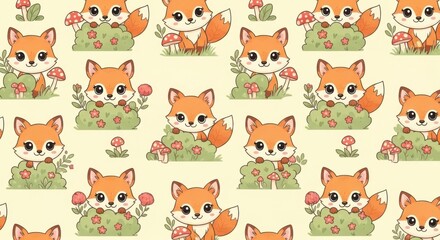 Obraz premium Adorable cartoon foxes nestled among lush greenery and blooming flowers creating a whimsical and