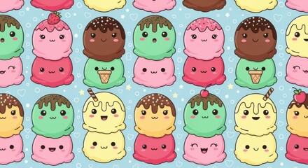 Adorable kawaii ice cream characters in pastel colors with sweet expressions and whimsical