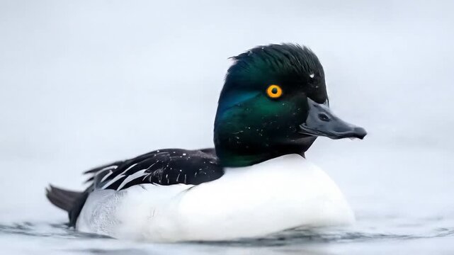 Stunning Close-Up Sequence of a Common Goldeneye Duck Swimming Elegantly on a Lake