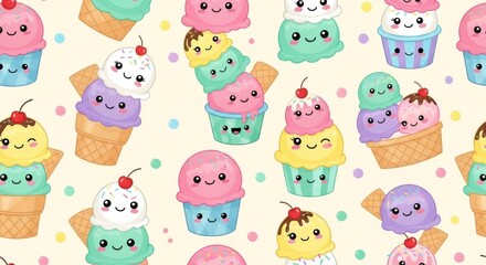 Adorable Cartoon Ice Cream Cones and Cups with Winking Faces and Playful Expressions in a Colorful