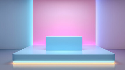 Pink and Blue Plinth with Neon Lights. Pastel colored product stage