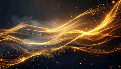 Fototapeta premium Abstract Golden Waves and Particles Flowing Elegantly Against a Dark Background