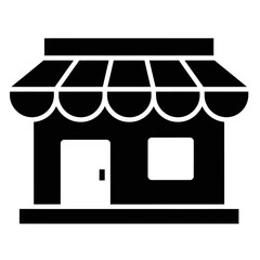Black Glyph Storefront and Market Icons with Awning, Representing Retail Shop Location, E-commerce Business, Shopping, and Marketplace Concepts for Web and Mobile UI