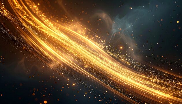 Abstract golden light trails and sparkling particles flowing through a dark, celestial background