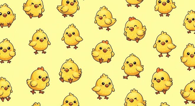 Adorable cartoon chicks pattern featuring cute baby birds in soft yellow hues for cheerful spring