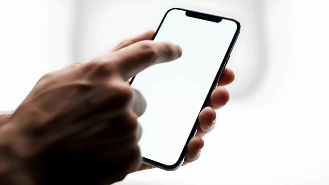 Man hand holding blank smartphone with clean white screen isolated on white background perfect for mockup technology display and advertising concept