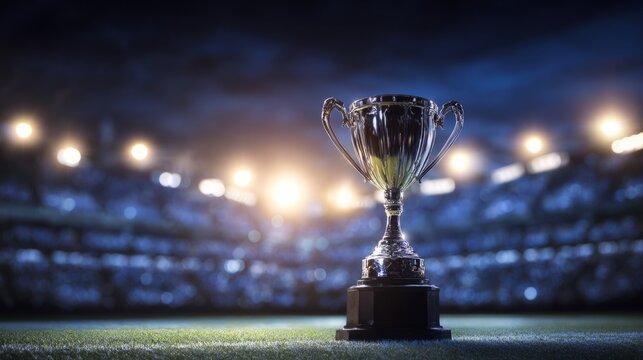 celebratio. A prestigious soccer trophy illuminated under dramatic and atmospheric stadium lights. event key visuals, club posters, designed for sports event promotions and stadium branding.
