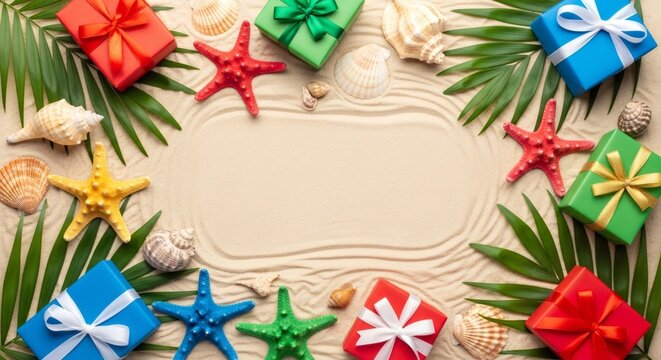 Colorful wrapped gifts and starfish adorn beach sand with an empty frame for text, representing a tropical Christmas or New Year holiday theme.