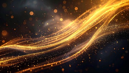 A dynamic display of golden energy waves with sparkling particle effects, a festive and luxurious abstract background concept