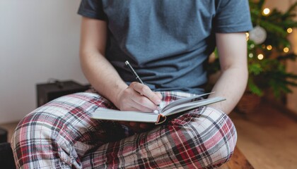 man reading a book at christmas