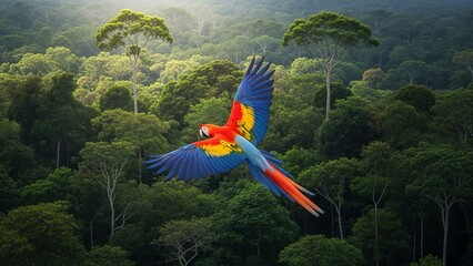 Scarlet Macaw in Flight Over Lush Amazon Rainforest Canopy.