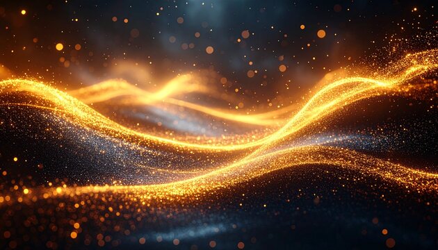 A mesmerizing abstract concept of flowing golden energy waves, with shimmering light particles creating a digital cosmic landscape