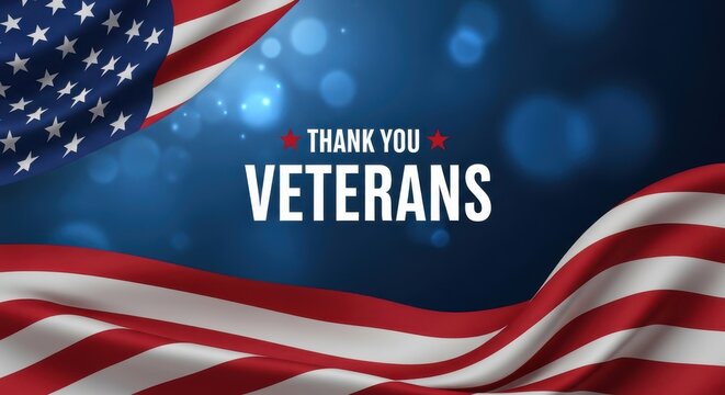 Thank you veterans text message over a patriotic background featuring waving american flag elements and bokeh light effect for veterans day or memorial day celebration graphic design