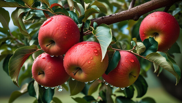 Close-Up of Dew-Kissed Red Apples Hanging in Natural Sunlight