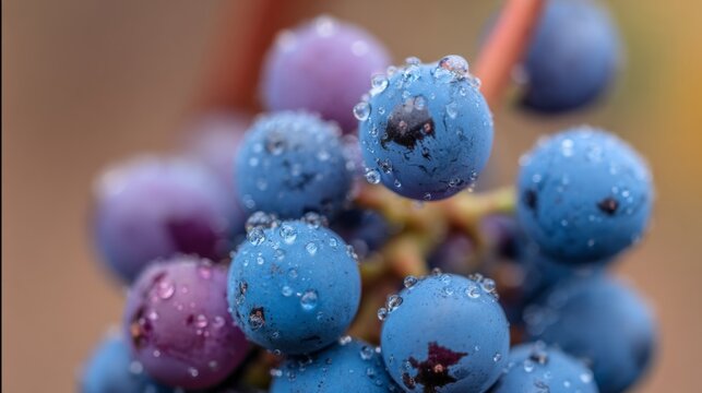 dolcetto. Close-up of ripe Dolcetto grapes with morning dew against a soft-focus vineyard in natural sunlight. menu design.
