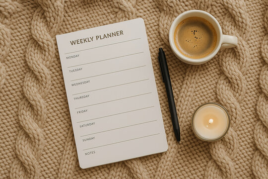 Cozy Planning: Weekly Schedule, Coffee, and Candle on a Knitted Blanket.