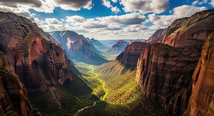Dramatic aerial view of zion canyon in zion national park, utah, showcasing towering sandstone cliffs, lush green valley floor, and a bright blue sky with scattered white clouds