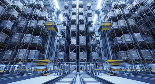 Automated warehouse vertical storage system with yellow robotic shuttles moving between steel racking levels - Powered by Adobe