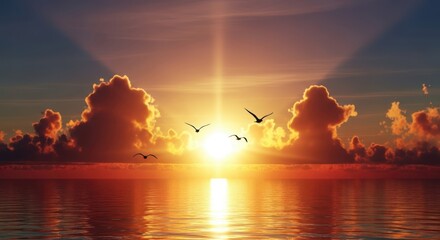 Dramatic sunset or sunrise over a calm ocean with vibrant orange and yellow light reflecting on the water surface, featuring silhouettes of birds flying near the bright sun and large, fiery clouds
