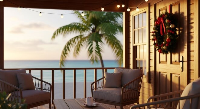 Tropical terrace decorated with Christmas wreath and string lights overlooking calm ocean and sandy beach. Holiday travel vacation.