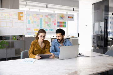 Two young diverse business colleagues working together at meeting table