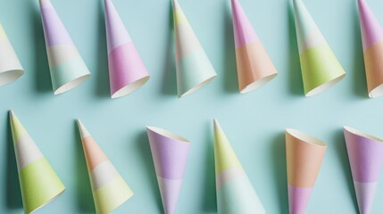 noisemakers. Colorful party horns arranged neatly on a soft blue background for festive occasions. lifestyle magazines.
