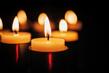 Burning tealight candles casting warm light and reflections on a dark surface, offering tranquility and creating copy space