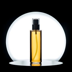 Naklejka premium Luxurious Liquid Gold Product in Clear Bottle Against White Orb Light
