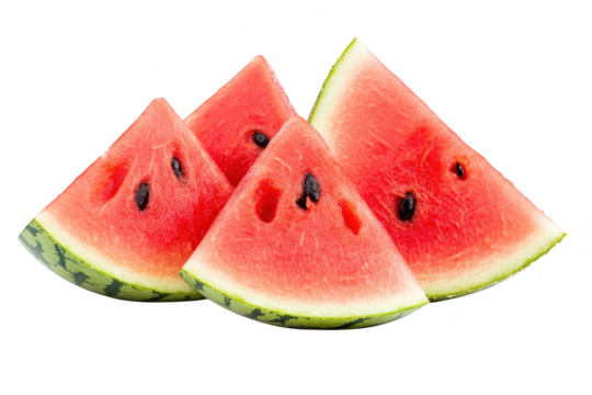 Freshly cut watermelon slices arranged artistically on a clean white background. their red flesh and dark seeds. ideal for summer-themed culinary projects or healthy eating promotions
