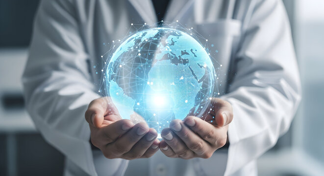 Doctor holding a digital globe hologram representing global health and technology with network connections