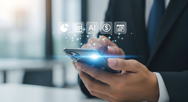 Businessman using mobile banking app on smartphone financial technology and digital money transfer with floating icons