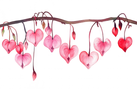 A delicate watercolor illustration of heart-shaped pink flowers hanging from a slender branch. their intricate details against a clean white background. ideal for botanical-themed designs