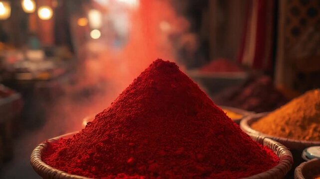 Red Holi Powder Piled in Traditional Metal Dish