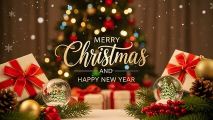 Festive christmas and new year greeting with decorated tree and gifts