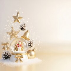 Christmas snow globe with snowman and trees in snowy scene. Winter holiday decoration and New Year celebration concept.